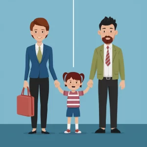 A cartoon family - mother in business attire, father in a suit and tie, and a young girl in a striped shirt and blue shorts - stand together, with the parents each holding a briefcase or handbag. The girl is smiling and holding both parents' hands.