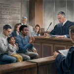 A painting shows a courtroom scene where a judge presides over a hearing. In the foreground, a man sits next to a young girl, possibly his daughter, who looks on with interest. The man appears focused, with his hands clasped together as if in prayer or deep thought. Surrounding them, several other individuals are present, including a woman who appears to be reacting with surprise or concern. The judge, dressed in traditional robes, is positioned behind a large desk, looking at documents and ready to make a decision. The setting is detailed with wooden furnishings and inscriptions on the wall, adding to the solemn atmosphere of the court.