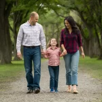 The image shows a smiling family of three - mother, father, and young daughter - walking together outdoors on a gravel path through a tree-lined park. The mother wears jeans and a red and navy plaid shirt, the father has on a light plaid button-down shirt and jeans, and the little girl in the middle wears a pink plaid shirt. The parents are holding the daughter's hands as they walk, and they all appear happy and cheerful.