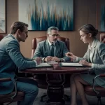 A business meeting with three people, two men and one woman, sitting at a round table in an office. The man in the middle, who appears to be older, is speaking while the younger man and woman on either side listen intently. The room has an abstract blue and brown painting on the wall behind them.